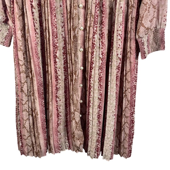 Porter XL Midi Dress Pink Snake Print Long Sleeve Pleated Skirt Boho Cottagecore - Picture 3 of 12